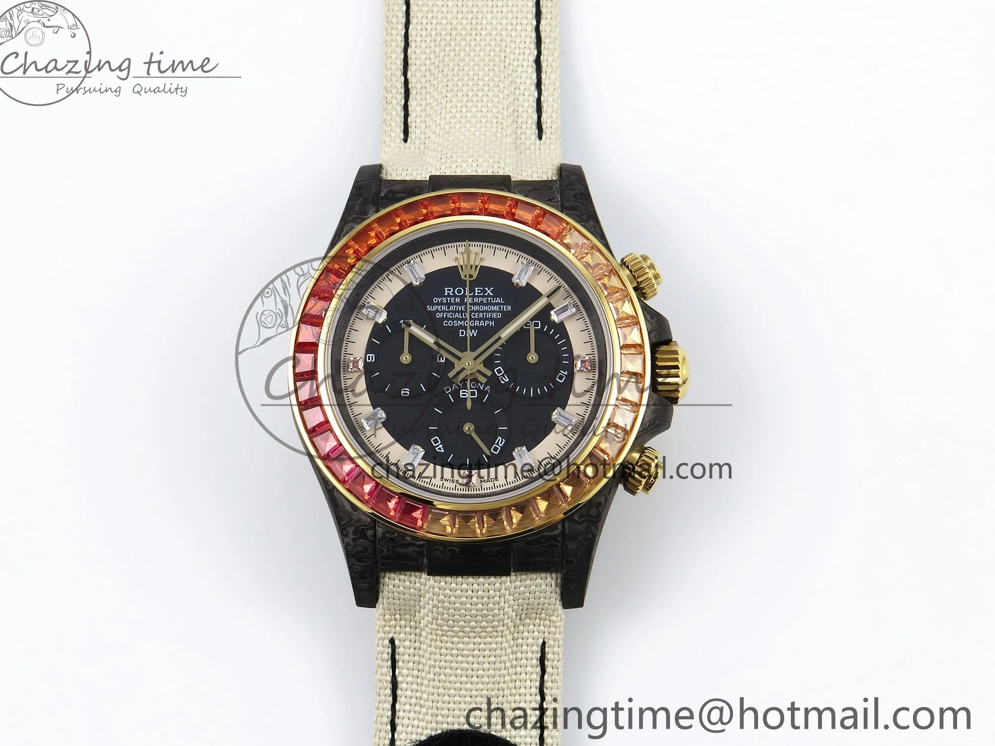 MiroTime 0504 Refined Daytona DIW Carbon Case DIWF Edition Black White Dial Orange Diamonds Bezel on White Nylon Strap A 1668